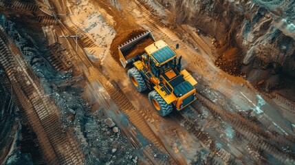 A yellow wheel loader works on a construction site. He uses a modern Forista-style front loader with a large bulldozer to clear the sand.