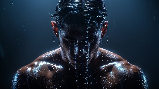   A man's face is immersed in rainwater as he stands, head upturned
