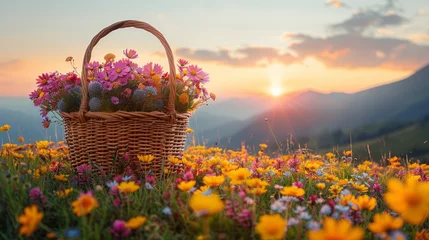 Fotobehang   A basket overflowing with numerous flowers atop a verdant field, bordering a towering mountain beneath an overcast sky © Jevjenijs