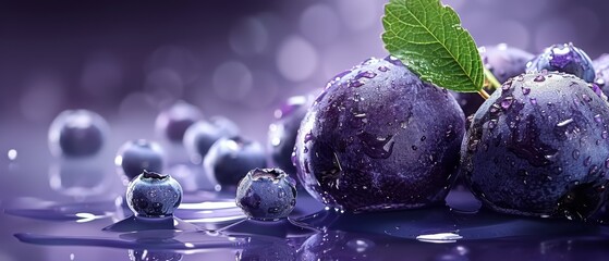   A collection of blueberries atop a wet table, surrounded by water droplets; a single green leaf resting amongst them - obrazy, fototapety, plakaty