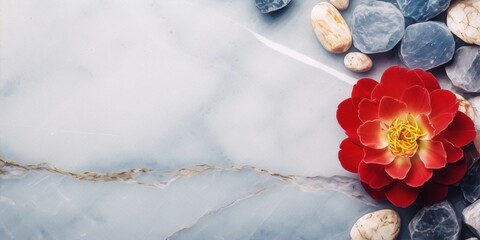 A red flower rests on a light gray surface.