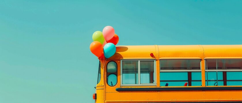 Minimalist, vibrant image of a school bus with balloons tied to the mirror, celebrating the drivers special day