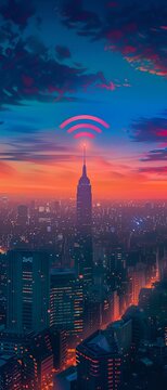Minimalist, vibrant image of a WiFi signal embracing a cityscape, symbolizing the widespread impact of IT services