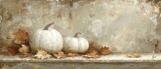   Three white pumpkins seated on a window sill Leaves adjacent on the sill