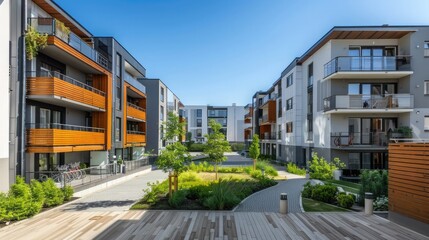 Modern residential complex with elegant architecture and large terraces. The buildings have wood accents on the facades and white walls. A paved path leads to the entrance.