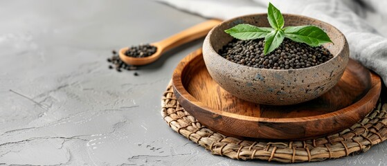   A wooden bowl holds black seeds Atop the seeds rests a single green leaf Nearby, a wooden spoon sits atop a separate wooden plate - obrazy, fototapety, plakaty