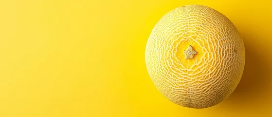 Foto op Plexiglas   A cantaloupe against a sunlit yellow backdrop, showcasing a slice in its center © Jevjenijs