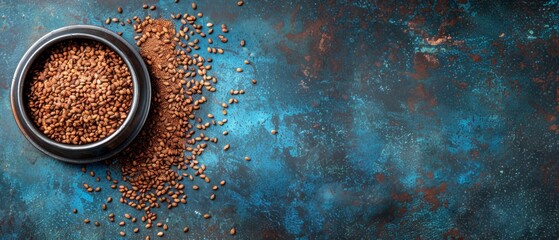   A metal bowl overflowing with dog food sits atop a colorful tablecloth, its blue and brown hues contrasting the heap of additional kibble nearby - obrazy, fototapety, plakaty