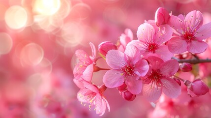  A tight shot of a pink bloom on a tree against a backdrop of soft focus light