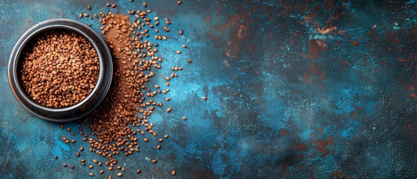   A metal bowl overflowing with dog food sits atop a colorful tablecloth, its blue and brown hues contrasting the heap of additional kibble nearby