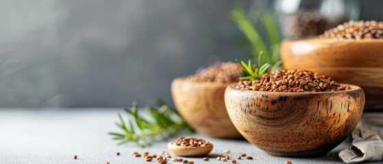   A wooden bowl holds seeds Nearby, two similar bowls brim with seeds Wooden spoons rest beside them