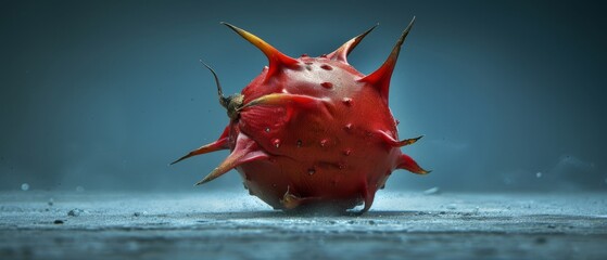   A tight shot of a fruit featuring spiky protusions at its peak and an insect scuttling across its bottom side - obrazy, fototapety, plakaty