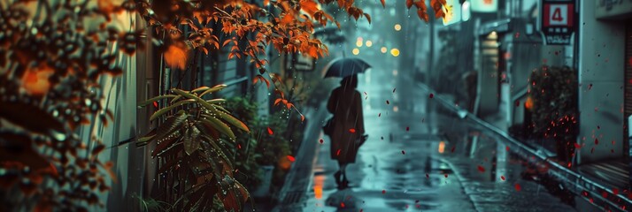 A cinematic scene of an individual with an umbrella walking on a rain-soaked city street with vibrant leaves
