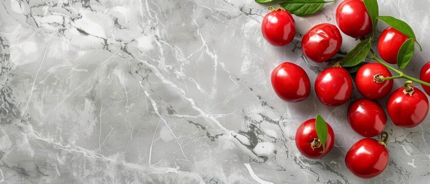   A red tomato cluster with green leaves atop a marble counter, one tomato sporting an additional green leaf