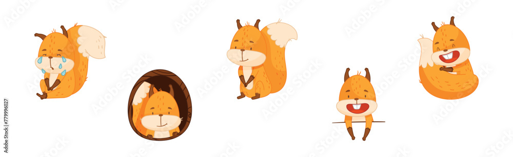 Aufkleber cute squirrel character with bushy tail engaged in different activity vector set