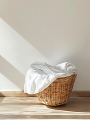 A sleek, simple image of a basket of freshly laundered clothes, set against a clean background, representing routine care