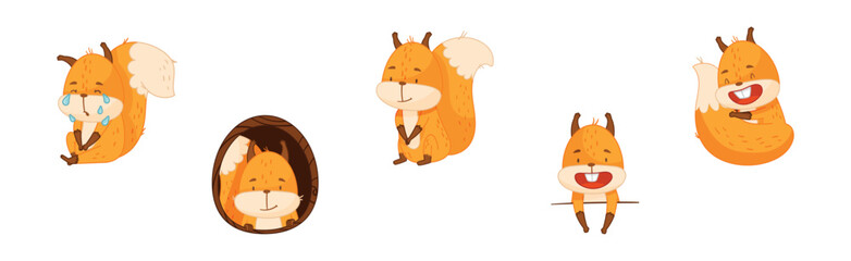 Cute Squirrel Character with Bushy Tail Engaged in Different Activity Vector Set