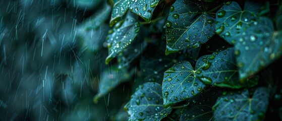   A tight shot of verdant leaves, dotted with water droplets, against a softly blurred backdrop of green foliage