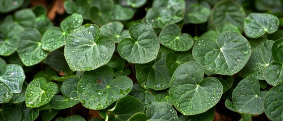   A tight shot of numerous green leaves, adorned with water droplets, rest atop a verdant bed