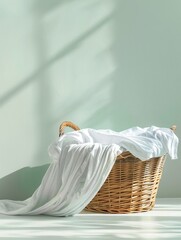 A sleek, simple image of a basket of freshly laundered clothes, set against a clean background, representing routine care