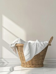 A sleek, simple image of a basket of freshly laundered clothes, set against a clean background, representing routine care