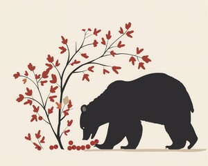 A sleek, simple image of a black bear foraging for berries, set against a clean background, highlighting natural behavior