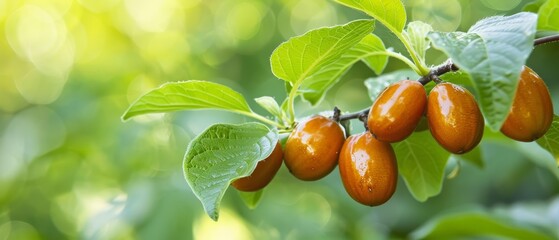   A tight shot of ripe fruits on a tree branch, surrounded by vibrant leaves and sunbeams filtering through the foliage - obrazy, fototapety, plakaty
