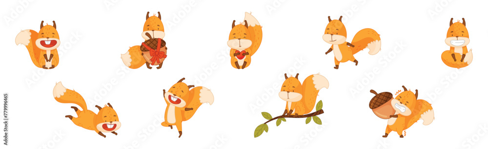 Poster cute squirrel character with bushy tail engaged in different activity vector set