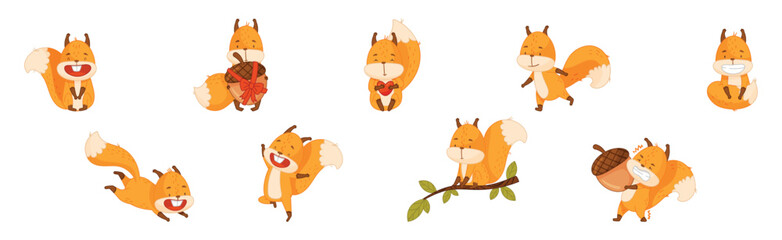 Cute Squirrel Character with Bushy Tail Engaged in Different Activity Vector Set