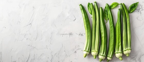   A group of celery bundled on a white counter, adjacent to a single green celery stalk with leafy tops