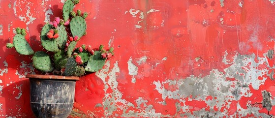   A red wall with a potted cactus on one side Another red wall with peeling paint