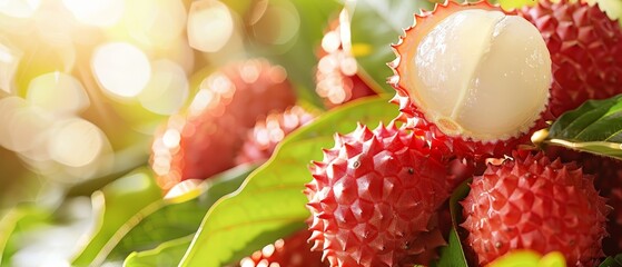   A tight shot of several ripe fruits against a backdrop of verdant leaves and radiant sunlit sky - obrazy, fototapety, plakaty