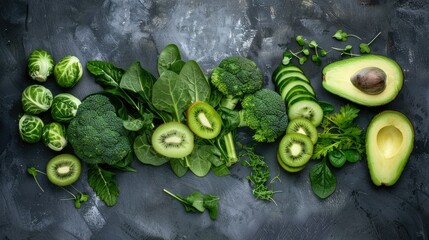 Pieces of vegetables including broccoli, avocado, kiwi, green onions, Brussels sprouts, cabbage and green beans on a dark gray background in a flat position.