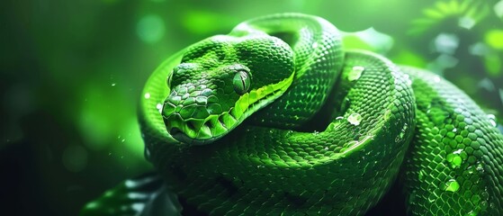   A tight shot of a green snake perched on a branch, adorned with water droplets on its head against a verdant backdrop