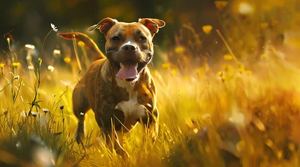 Fotobehang A playful Pitbull dog romping through a sunlit meadow, its tongue lolling happily as it bounds through tall grass and wildflowers © DigitaArt.Creative