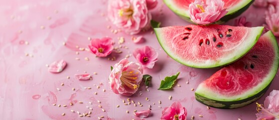Fototapeta na wymiar A collection of watermelon slices atop a pink backdrop with flowers and scattered petals nearby