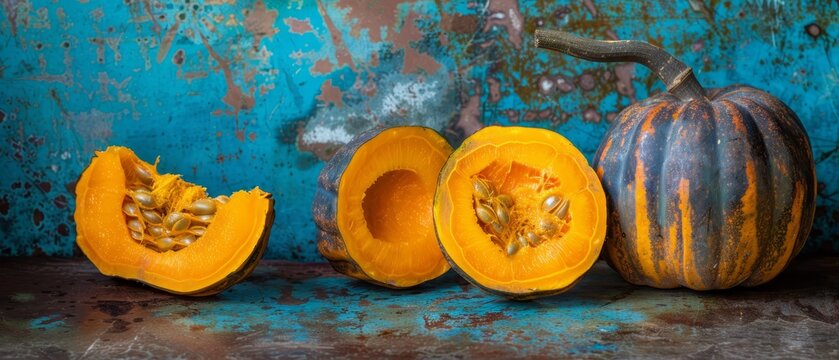   A collection of pumpkins atop a table, beside a blue wall with peeling paint