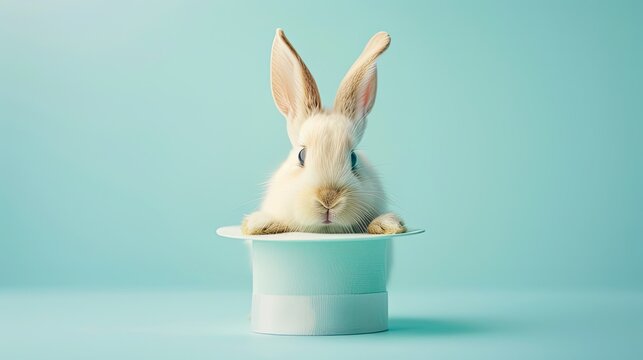 Cute bunny peeking out of a top hat, pastel blue background, photo studio shot, soft lighting.
