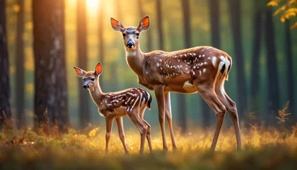 Gardinen Deer and Fawn With a Blurry Forest Background. © Zulfi_Art