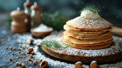 Obraz na płótnie Canvas A stack of pancakes atop a wooden board, dusted with powdered sugar and confettied with sprinkles