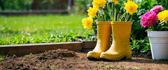 Yellow boots in the garden next to the flower beds. - obrazy, fototapety, plakaty