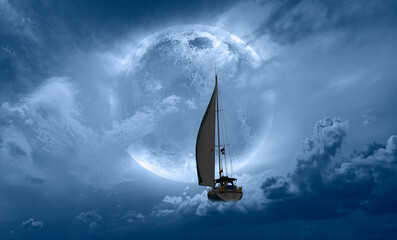 A yacht sailing above the clouds with a super full moon in the background 