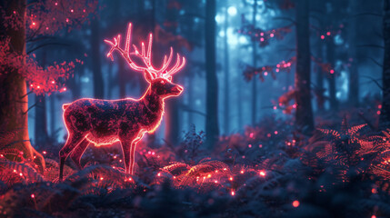 Hyperrealistic forest with neon reindeer pattern. Surreal lights illuminate the woodland, creating a magical, enchanting atmosphere. - obrazy, fototapety, plakaty