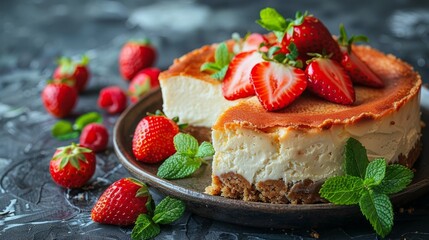   A slice of cheesecake topped with strawberries, separated on two plates