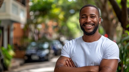   A bearded man in a white T-shirt stands with crossed arms, smiling into the camera - obrazy, fototapety, plakaty