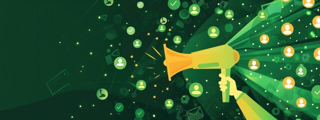 A hand holding a megaphone with glowing social media icons and people symbols on a dark green background, concept of marketing or advertising a social network service. - obrazy, fototapety, plakaty