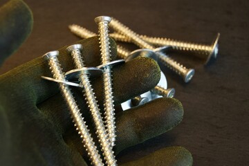 Screws with a stell washers in the hand of the bilder. High quality photo