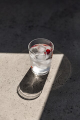 objects and drinks concept - close up of water in glass with ice cubes and cranberries on sunny floor