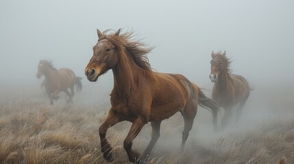   A group of horses gallops through a fog-shrouded field Dry grass blankets the ground, contrasting with tall grass in the foreground