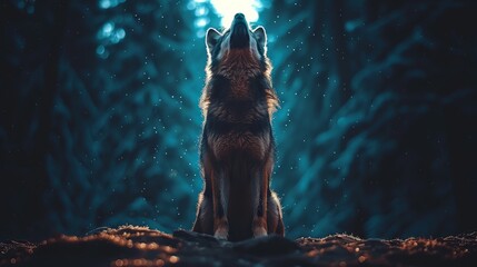   A wolf situated in a forest at night gazes at the sky, its eyes fixed on the full moon behind